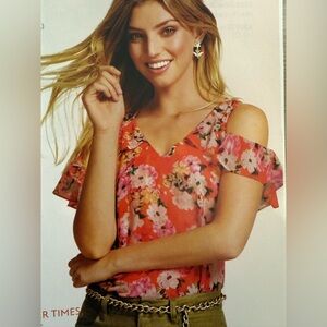 Cabi Floral Cold Shoulder Top - Red and Pink